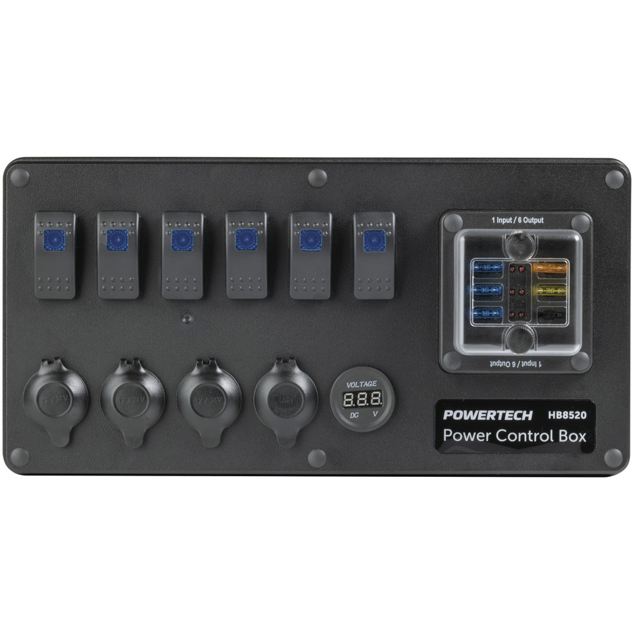 DC Control Box for External Battery with Voltage Display + 2 x 50A High Current + 6 x Switches + 3 x