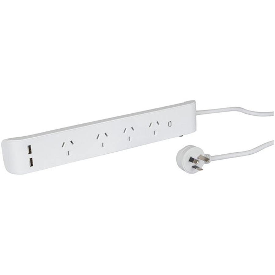 4 Way Mains Powerboard with 2 X USB and Surge Protection 